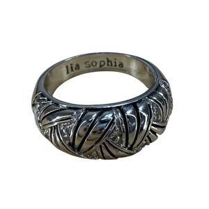 Lia Sophia Ring Silver Tone Woven Braided Dome Statement Crystal Accent Size 7.5